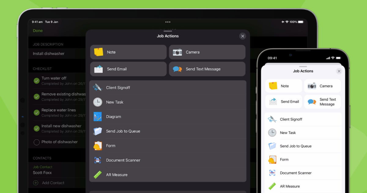 ServiceM8 job actions panel showing available job management options