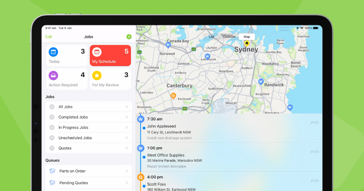 ServiceM8 jobs map showing scheduled jobs by location