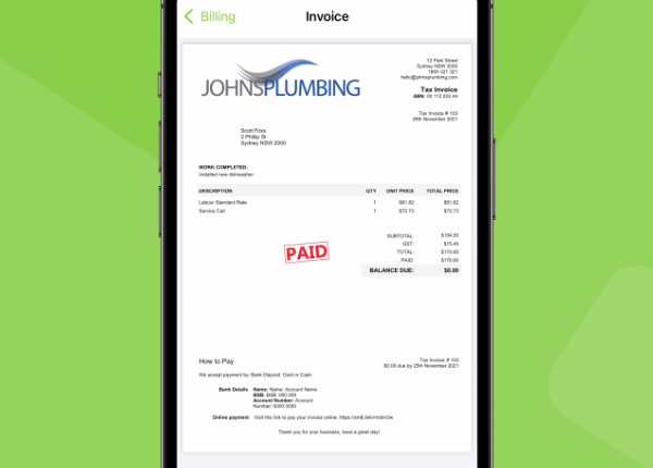 ServiceM8 PDF invoice sent via email to customer